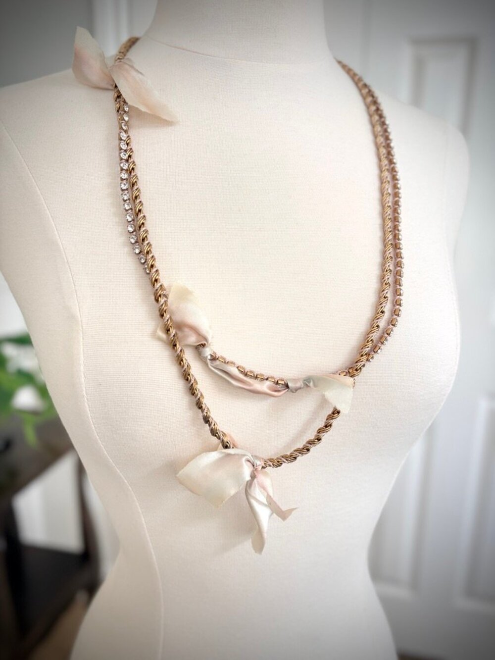 J. Crew Mixed Asymmetrical Chain Necklace with Crystals and Silk Ties